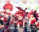  3boys blue_eyes character_request child commentary_request dragon elsword looking_at_viewer multiple_boys ok_sign open_mouth orb red_eyes redhead scorpion5050 teeth v white_background 