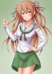  1girl alternate_costume anti_(untea9) black_neckerchief blouse breasts brown_eyes collarbone eyebrows_visible_through_hair girls_und_panzer gradient gradient_background green_background green_skirt hair_between_eyes hand_on_hip highres johnston_(kancolle) kantai_collection light_brown_hair long_hair long_sleeves looking_at_viewer medium_breasts miniskirt neckerchief ooarai_school_uniform parody pleated_skirt sailor_collar school_uniform serafuku skirt solo twitter_username two_side_up white_blouse white_sailor_collar 