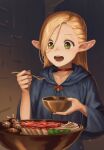  1girl absurdres alohayuja blonde_hair blue_robe bow bowl braid choker commentary dungeon_meshi eating elf food green_eyes hands_up highres holding holding_bowl holding_spoon indoors long_hair marcille meat mushroom open_mouth pointy_ears red_bow red_choker robe solo spoon tareme teeth wide_sleeves 