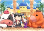  &gt;_&lt; 1boy 1girl :3 animal_on_head bangs bird bird_on_head black_coat black_hair black_legwear black_pants blue_eyes blue_sky blush brown_footwear brown_hair castle chibi chick closed_eyes closed_mouth clouds coat commentary cow crown day dress full_body gem grin headphones horse in-universe_location indian_style long_hair long_sleeves mizonaki on_head open_clothes open_coat outdoors palm_tree pants priest_(ragnarok_online) purple_dress ragnarok_online red_coat shoes short_hair simple_background sitting sky smile thigh-highs tree two-tone_coat wariza 