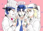  3boys :t blonde_hair blue_eyes blue_hair eating facial_hair fingerless_gloves food full_mouth gloves hat jojo_no_kimyou_na_bouken jonathan_joestar male_focus multiple_boys mustache niku_harumaki partially_colored phantom_blood robert_e._o._speedwagon salt_shaker sandwich top_hat will_anthonio_zeppeli 