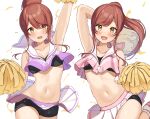  2girls absurdres alternate_hairstyle arm_up armpits bangs blush brown_hair cheering cheerleader clothes_writing crop_top eyebrows_visible_through_hair highres holding holding_pom_poms idolmaster idolmaster_shiny_colors long_hair midriff multiple_girls navel oosaki_amana oosaki_tenka open_mouth pleated_skirt pom_pom_(cheerleading) ponytail shirt skirt sleeveless sleeveless_shirt smile swept_bangs twins wanimaru weat yellow_eyes 