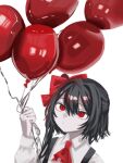  1girl ascot asymmetrical_hair balloon bangs black_hair bow closed_mouth collared_shirt commentary cookie_(touhou) expressionless hair_between_eyes hair_bow hirunebu_oekaki holding holding_balloon long_hair red_ascot red_bow red_eyes shirt side_ponytail simple_background siyudi_(cookie) solo suspenders symbol-only_commentary upper_body white_background white_shirt 