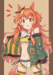  1girl absurdres animal_ears blush bomber_jacket breasts commentary_request dog_tags highres horse_ears horse_girl horse_tail jacket long_hair looking_at_viewer mayano_top_gun_(umamusume) open_mouth orange_eyes orange_hair shorts small_breasts solo tadano_water tail thigh-highs umamusume 