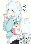  &gt;_&lt; 1girl :p animal_ear_fluff backpack bag bangs black_legwear capriccio chibi chibi_inset commentary_request food hair_between_eyes hood hood_down ice_cream light_blue_hair long_hair long_sleeves original pantyhose simple_background skirt solo tail thighband_pantyhose tongue tongue_out translated violet_eyes wavy_hair white_background white_skirt 