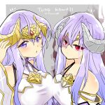  2girls aura bare_shoulders blue_eyes blue_hair breast_press breasts corruption dark_persona demon_horns dual_persona evil fire_emblem fire_emblem:_genealogy_of_the_holy_war half-siblings heterochromia horns julia_(fire_emblem) lipstick looking_at_viewer loptous_(fire_emblem) makeup multiple_girls poking ponytail possessed red_eyes slit_pupils symmetrical_docking thighs twitter_username violet_eyes weapon white_background yukia_(firstaid0) 