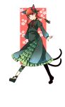  1girl :3 animal_ears bow bowtie braid cat_ears cat_tail dress extra_ears fang fang_out floral_background floral_print flower frills green_bow green_dress haya_taro_pochi juliet_sleeves kaenbyou_rin leg_ribbon long_sleeves mary_janes multiple_tails nekomata pointy_ears puffy_sleeves red_bow red_bowtie red_eyes redhead ribbon shoes simple_background smile solo tail touhou twin_braids two_tails 