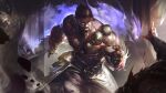  2boys absurdres aura beard belt blood blurry blurry_foreground bracer facial_hair fingerless_gloves gloves glowing glowing_eyes highres league_of_legends male_focus multiple_boys muscular muscular_male scar udyr wutu_(1183238220) 