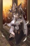  1girl absurdres animal_ears asymmetrical_legwear bangs black_dress blue_hair breast_curtains breasts brown_hair closed_eyes crossed_bangs detached_sleeves dress extra_ears eyebrows_visible_through_hair feathers full_body galleon_(granblue_fantasy) gloves granblue_fantasy hair_between_eyes hair_ornament hands_up highres holster horns jimwh37 kneeling large_breasts multicolored_hair pelvic_curtain pointy_ears simple_background single_leg_pantyhose single_thighhigh smile solo streaked_hair thigh-highs thigh_holster thigh_strap veil white_gloves 