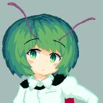  1girl 999_(hansode) antennae bangs black_cape blush cape closed_mouth collared_shirt commentary_request expressionless eyebrows_visible_through_hair green_eyes green_hair grey_background highres looking_at_viewer pixel_art red_cape shirt short_hair simple_background solo touhou two-sided_cape two-sided_fabric upper_body white_shirt wriggle_nightbug 