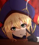  1girl absurdres artoria_pendragon_(caster)_(fate) artoria_pendragon_(fate) bent_over blonde_hair blue_cape blue_capelet blue_headwear cape capelet chair english_commentary eyebrows_visible_through_hair fate/grand_order fate_(series) gloves green_eyes highres long_sleeves looking_at_viewer marijuana multicolored_cape multicolored_clothes naoillus smoke_trail smoking solo table v 