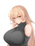  1girl arms_behind_back bangs bare_shoulders black_sweater blonde_hair blush breasts clothing_cutout eyebrows_visible_through_hair fang fang_out hair_between_eyes highres jewelry large_breasts long_hair looking_at_viewer necklace nijisanji nui_sociere rayal ribbed_sweater shoulder_cutout simple_background skin_fang smile solo sweater turtleneck turtleneck_sweater upper_body very_long_hair virtual_youtuber white_background yellow_eyes 