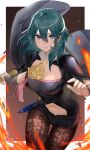  1girl armor bangs black_armor black_coat black_shorts blue_eyes blue_hair border breasts brown_legwear bustier byleth_(fire_emblem) byleth_eisner_(female) clothing_cutout coat fire fire_emblem fire_emblem:_three_houses hair_between_eyes haru_(nakajou-28) highres holding holding_sword holding_weapon large_breasts long_hair looking_at_viewer navel navel_cutout outside_border pantyhose short_shorts shorts shoulder_armor sleeveless smile solo sword sword_of_the_creator weapon white_border 