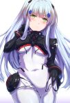  1girl bangs blush bodysuit breasts clothes_lift eyebrows_visible_through_hair feet_out_of_frame from_below girls_frontline green_eyes hair_ornament hairclip hand_in_hair highres hk416_(girls&#039;_frontline) hk416_(midnight_evangelion)_(girls&#039;_frontline) light_blue_hair long_hair looking_at_viewer medium_breasts skirt skirt_lift solo standing teardrop_facial_mark teardrop_tattoo white_background xlscaler 