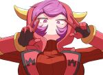  1girl blush bob_cut breasts courtney_(pokemon) dot_mouth dot_nose double_v fake_horns highres hood horned_headwear horned_hood horns kurachi_mizuki large_breasts looking_at_viewer looking_down pokemon pokemon_(game) pokemon_rse purple_hair ribbed_sweater sweater team_magma team_magma_uniform upper_body v violet_eyes 
