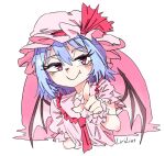  1girl artist_name ascot bangs bat_wings blue_hair closed_mouth cropped_torso english_commentary eyebrows_visible_through_hair fang fang_out hat hat_ribbon lirilias looking_at_viewer pink_headwear red_ascot red_eyes red_ribbon remilia_scarlet ribbon short_hair short_sleeves smile solo touhou wings 