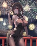  1girl absurdres azur_lane bangs bare_shoulders black_dress black_legwear blush breasts china_dress chinese_clothes closed_mouth commentary_request covered_navel cowboy_shot dress elbow_gloves fireworks gloves hand_up highres large_breasts long_hair looking_at_viewer mashiro03 official_alternate_costume outdoors pantyhose red_eyes sleeveless sleeveless_dress solo zhenhai_(azur_lane) zhenhai_(vestibule_of_wonders)_(azur_lane) 