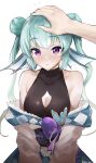  1girl :o bare_shoulders breasts cleavage_cutout clothing_cutout double_bun english_commentary finana_ryugu green_hair hand_on_another&#039;s_head head_fins headpat highres nijisanji nijisanji_en pov pov_hands simple_background small_breasts solo_focus tommy_(kingdukeee) twintails upper_body violet_eyes virtual_youtuber white_background 