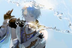  1boy black_gloves blue_eyes genshin_impact gloves high_collar holding holding_sword holding_weapon jacket japanese_clothes kamisato_ayato light_blue_hair matchavi parted_lips solo sword water weapon white_jacket 