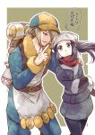  1boy 1girl akari_(pokemon) beige_background black_hair blonde_hair fur_trim grey_eyes hair_bun hair_through_headwear hand_on_another&#039;s_shoulder kaidou_mitsuki long_hair outline pointing pokemon pokemon_(game) pokemon_legends:_arceus red_scarf scarf translated volo_(pokemon) white_headwear white_outline 