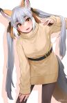  1girl :d alternate_costume animal_ear_fluff animal_ears bangs beige_sweater belt black_belt black_legwear black_ribbon commentary_request eyebrows_visible_through_hair fox_ears fox_girl fox_tail grey_hair hair_between_eyes hair_ribbon hand_on_own_knee happa_(cloverppd) highres island_fox_(kemono_friends) kemono_friends leaning_forward long_hair looking_at_viewer multicolored_hair open_mouth orange_eyes orange_hair pantyhose ribbon signature simple_background smile solo sweater tail turtleneck turtleneck_sweater twintails very_long_hair white_background white_hair 