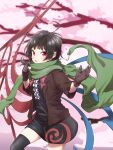  1girl ahoge asymmetrical_wings black_hair black_legwear blurry blurry_background brown_jacket center_frills cherry_blossoms commentary_request depth_of_field frills gloves goroumaru green_scarf highres houjuu_nue jacket light_smile looking_at_viewer parted_lips red_eyes red_scarf scarf short_hair sleeves_past_elbows snake solo thigh-highs touhou wings winter_clothes zettai_ryouiki 
