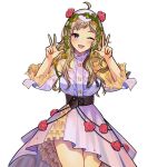  absurdres ahoge asymmetrical_bangs bangs blonde_hair cosplay dress fire_emblem fire_emblem_fates fire_emblem_heroes flower grey_eyes hair_flower hair_ornament highres lissa_(fire_emblem) lissa_(fire_emblem)_(cosplay) long_hair mariirasuto7 official_alternate_costume open_mouth ophelia_(fire_emblem) plant solo upper_body v vines 