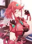 1girl absurdres bangs black_gloves breasts chest_jewel earrings fingerless_gloves gem glasses gloves headpiece highres jewelry large_breasts pyra_(xenoblade) red_eyes red_legwear red_shorts redhead risumi_(taka-fallcherryblossom) short_hair short_shorts shorts solo swept_bangs thigh-highs tiara xenoblade_chronicles_(series) xenoblade_chronicles_2 