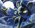  clouds commentary_request electricity highres luxio moon night no_humans outdoors penta_oekaki pokemon pokemon_(creature) signature sky standing yellow_eyes 