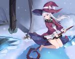  1girl absurdres barefoot celite dress floating_hair hat highres holding long_hair long_sleeves looking_away parted_lips purple_dress purple_headwear red_eyes revived_witch solo staff staff_riding thighs white_hair witch witch_hat 