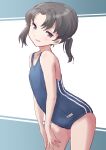  1girl black_hair blue_swimsuit commentary_request cowboy_shot flat_chest fuji_(pixiv24804665) highres kantai_collection leaning_forward looking_at_viewer school_swimsuit short_hair shounan_(kancolle) solo striped swimsuit twintails vertical_stripes violet_eyes 