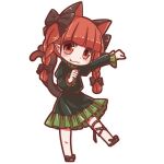  1girl :3 animal_ears black_bow black_footwear black_ribbon bow cat_ears cat_tail chibi clenched_hands dress extra_ears footwear_bow green_dress juliet_sleeves kaenbyou_rin leg_ribbon long_sleeves maskin_mei multiple_tails pointy_ears puffy_sleeves red_eyes redhead ribbon simple_background solo tail touhou two_tails white_background 