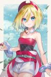  1girl bangs blonde_hair blue_eyes blush border bracelet closed_mouth collar commentary_request eyelashes hair_between_eyes hairband highres holding holding_poke_ball irida_(pokemon) jewelry leaves_in_wind looking_at_viewer outside_border poke_ball poke_ball_(legends) pokemon pokemon_(game) pokemon_legends:_arceus red_hairband red_shirt sash shione_(memento_forest) shirt shorts smile solo strapless strapless_shirt waist_cape white_border white_shorts 