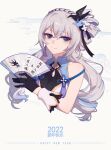 1girl 2022 absurdres bangs black_gloves bow bronya_zaychik china_dress chinese_clothes chinese_new_year closed_mouth dress gloves grey_eyes grey_hair hair_bow hair_ornament hand_fan highres holding holding_fan honkai_(series) honkai_impact_3rd looking_at_viewer new_year siblings silence_(pixiv18541142) sleeveless sleeveless_dress smile twins white_dress 