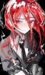  1other androgynous black_background black_neckwear blush cinnabar cinnabar_(houseki_no_kuni) collared_shirt colored_eyelashes commentary_request crystal_hair eyebrows_visible_through_hair gem_uniform_(houseki_no_kuni) hair_between_eyes highres houseki_no_kuni long_bangs looking_at_viewer medium_hair mercury_(element) necktie puffy_short_sleeves puffy_sleeves red_eyes redhead shirt short_sleeves simple_background siun_5513 solo 