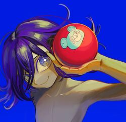  1boy animal_print ball bangs bear_print blue_background collarbone danganronpa_(series) danganronpa_v3:_killing_harmony flipped_hair foca_(sello20582612) hand_up highres holding holding_ball looking_at_viewer nude ouma_kokichi purple_hair shiny shiny_hair simple_background smile solo sparkle 