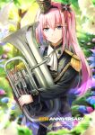  1girl bangs black_headwear blue_eyes closed_mouth euphonium eyebrows_visible_through_hair feet_out_of_frame floral_background flower girls_frontline hair_flower hair_ornament hairband hat highres holding holding_instrument instrument long_hair looking_at_viewer marching_band mini_hat pink_hair smile solo st_ar-15_(breeze_on_a_spring_day)_(girls&#039;_frontline) st_ar-15_(girls&#039;_frontline) standing xlscaler 