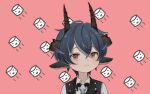  1boy :3 animal_ears blue_hair closed_mouth goat_boy goat_ears goat_horns hair_between_eyes highres horizontal_pupils horns indie_virtual_youtuber looking_at_viewer looking_to_the_side male_focus multiple_horns omurice_(roza4957) pale_skin pink_background uriah_(vtuber) violet_eyes virtual_youtuber 