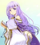  1girl bare_shoulders book cape circlet detached_sleeves dress eyebrows_visible_through_hair fire_emblem fire_emblem:_genealogy_of_the_holy_war hair_between_eyes holding julia_(fire_emblem) long_hair looking_at_viewer looking_back open_mouth purple_hair ribbon smile solo twitter_username violet_eyes white_dress yukia_(firstaid0) 