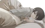  1boy androgynous bangs bed black_eyes black_hair chinikuniku empty_eyes grey_shirt looking_at_viewer lying male_focus on_stomach original parted_lips pillow shirt simple_background solo upper_body white_background 