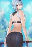  1girl back bare_arms black_pants blue_hair blue_sky breasts closed_mouth crop_top eula_(genshin_impact) eyebrows_visible_through_hair from_behind genshin_impact hair_between_eyes hairband highres holding leggings looking_back medium_hair pants signature sky solo tommy_(kingdukeee) 