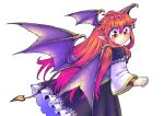  +_+ 1girl :&lt; adapted_costume bangs black_skirt demon_tail demon_wings hakuyou_(_hakuyou) head_wings koakuma long_hair long_sleeves looking_back pointy_ears red_eyes redhead simple_background skirt solo tail touhou white_background wings 