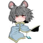 1girl animal_ears capelet fe_(tetsu) grey_hair jewelry looking_at_viewer mouse_ears nazrin pendant red_eyes short_hair simple_background solo touhou upper_body white_background 