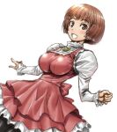  1girl amania_orz bangs blush breasts brown_eyes brown_hair dress gundam large_breasts long_sleeves looking_at_viewer open_mouth pantyhose short_hair simple_background smile sochie_heim solo turn_a_gundam white_background 