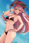  1girl bikini black_bikini blue_sky breasts cawfield clouds coin cowboy_shot english_commentary genshin_impact green_eyes hair_between_eyes hand_in_pocket highres long_hair medium_breasts pink_hair red_headwear side-tie_bikini sky solo swimsuit yanfei_(genshin_impact) 