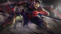  1boy armor bangs black_hair character_request colored_skin feet_out_of_frame glowing glowing_eyes grey_background highres holding holding_sword holding_weapon league_of_legends male_focus mask ponytail red_eyes red_skin solo sword weapon wutu_(1183238220) 