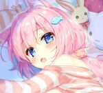  1girl animal_ear_fluff animal_ears bangs bare_shoulders blue_eyes blush eyebrows_visible_through_hair fang fish_hair_ornament hair_between_eyes hair_ornament looking_at_viewer lying multicolored_clothes multicolored_pajamas natsuki_marina off_shoulder on_bed on_side open_mouth orange_pajamas orange_scrunchie original pajamas pillow pink_hair ponytail portrait scrunchie shiny shiny_hair solo striped striped_pajamas stuffed_animal stuffed_bunny stuffed_cat stuffed_toy white_pajamas 