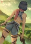  1girl araneesama arms_at_sides artist_name ass back black_hair blurry blurry_background clouds commentary crop_top day depth_of_field english_commentary facing_away from_behind highres holding holding_sword holding_weapon mikasa_ackerman outdoors patreon_logo patreon_username red_scarf scarf shingeki_no_kyojin short_hair shorts skindentation solo standing sword thigh_strap weapon web_address 