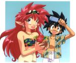  1boy 1girl arara_cocoa arm_up baba_lamune bangs black_eyes black_hair casual coconut earrings eyebrows_visible_through_hair floral_print flower food headpiece hibiscus holding holding_food jewelry long_hair looking_at_viewer necklace ng_knight_lamune_&amp;_40 non-web_source official_art open_clothes open_mouth open_shirt pointy_ears popsicle red_eyes redhead short_hair strapless tube_top 