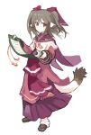  1girl animal_ears black_hair eyebrows_visible_through_hair full_body hair_ribbon japanese_clothes kanyoko_(yuzukano_17) long_hair looking_at_viewer mole mole_under_eye nekone_(utawarerumono) red_eyes ribbon scroll simple_background solo tail twintails utawarerumono white_background 